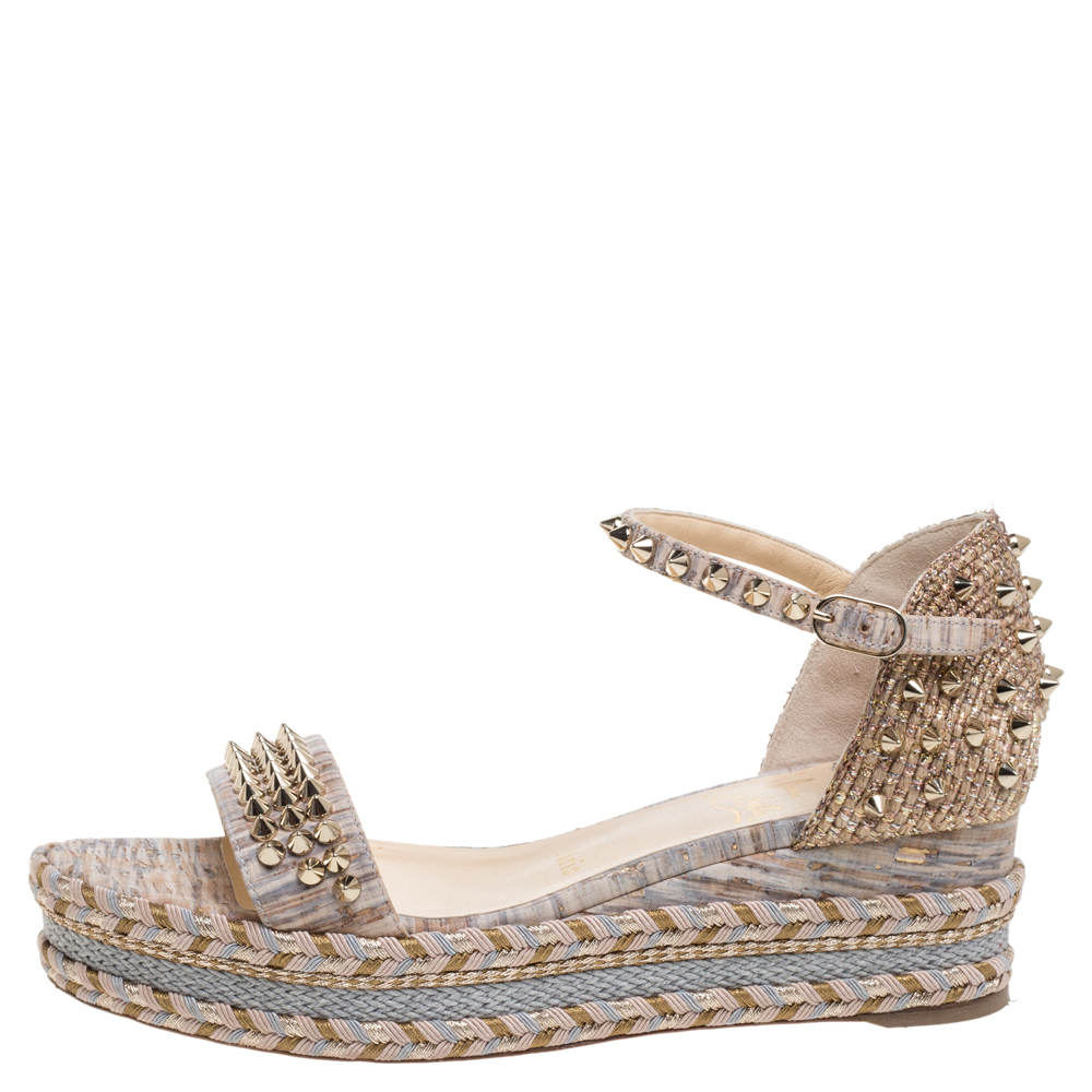 

Christian Louboutin Beige Cork/Glitter Jute Spiked Espadrille Wedge Sandals Size, Multicolor