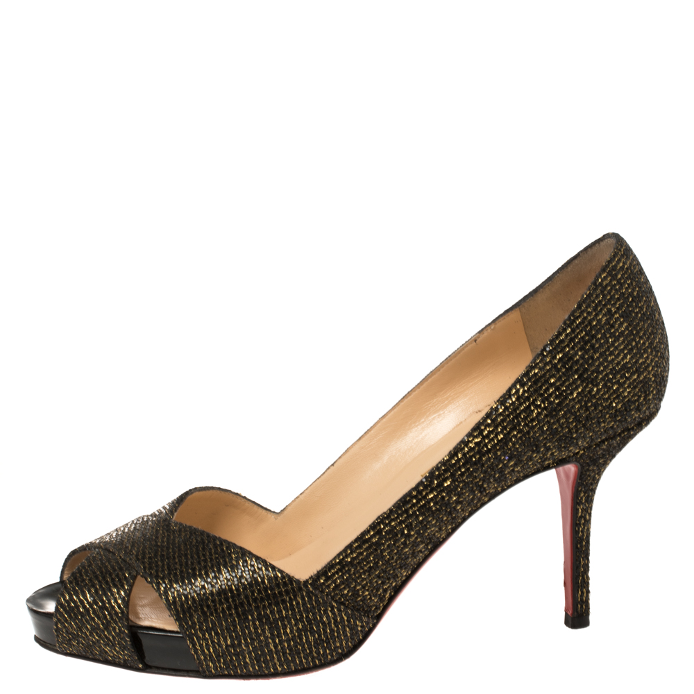 

Christian Louboutin Black/Gold Glitter Fabric Shelley Platform Peep Toe Pumps Size