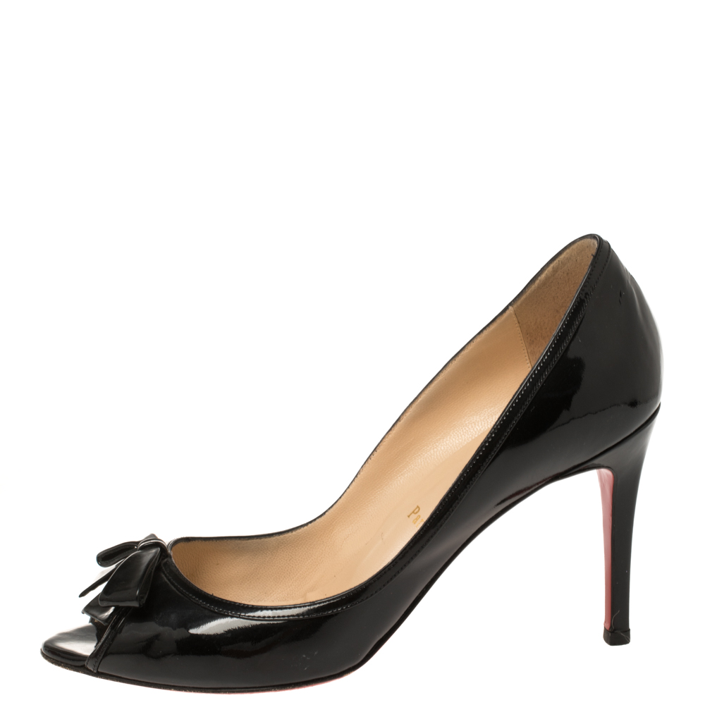 

Christian Louboutin Black Patent Leather Milady Bow Open Toe Pumps Size