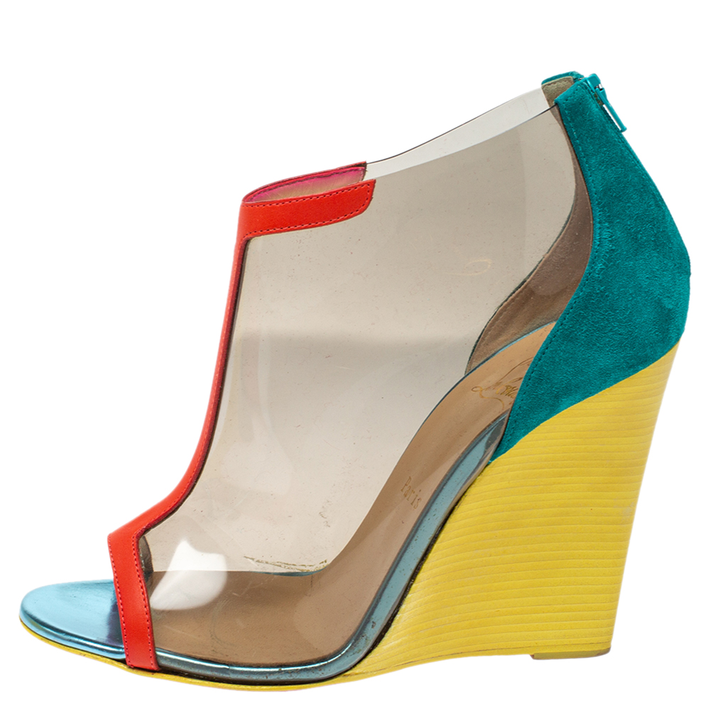 

Christian Louboutin Multicolor PVC, Suede and Leather Trim Wedge Peep Toe Booties Size