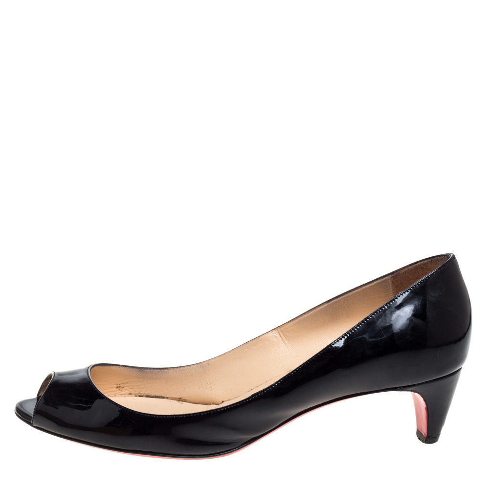 

Christian Louboutin Black Patent Leather Kitten Heel Peep Toe Pumps Size