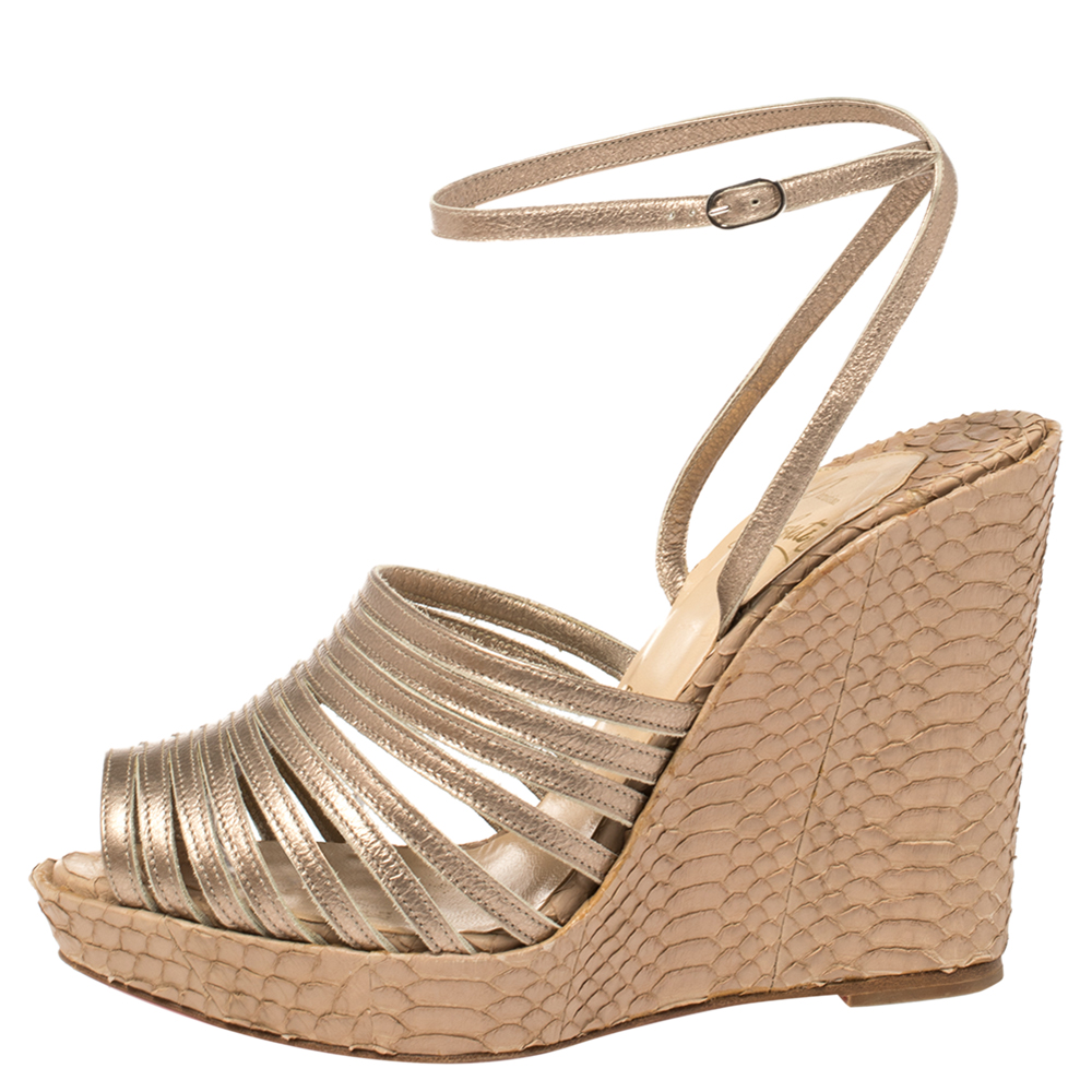

Christian Louboutin Metallic Beige Leather and Snakeskin Strappy Ankle Strap Wedge Platform Sandals Size