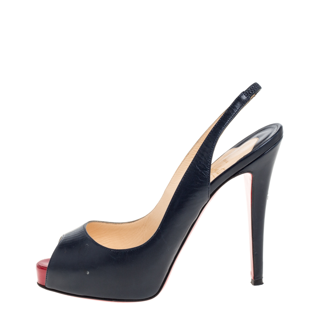 

Christian Louboutin Navy Blue Leather Private Number Peep Toe Slingback Sandals Size