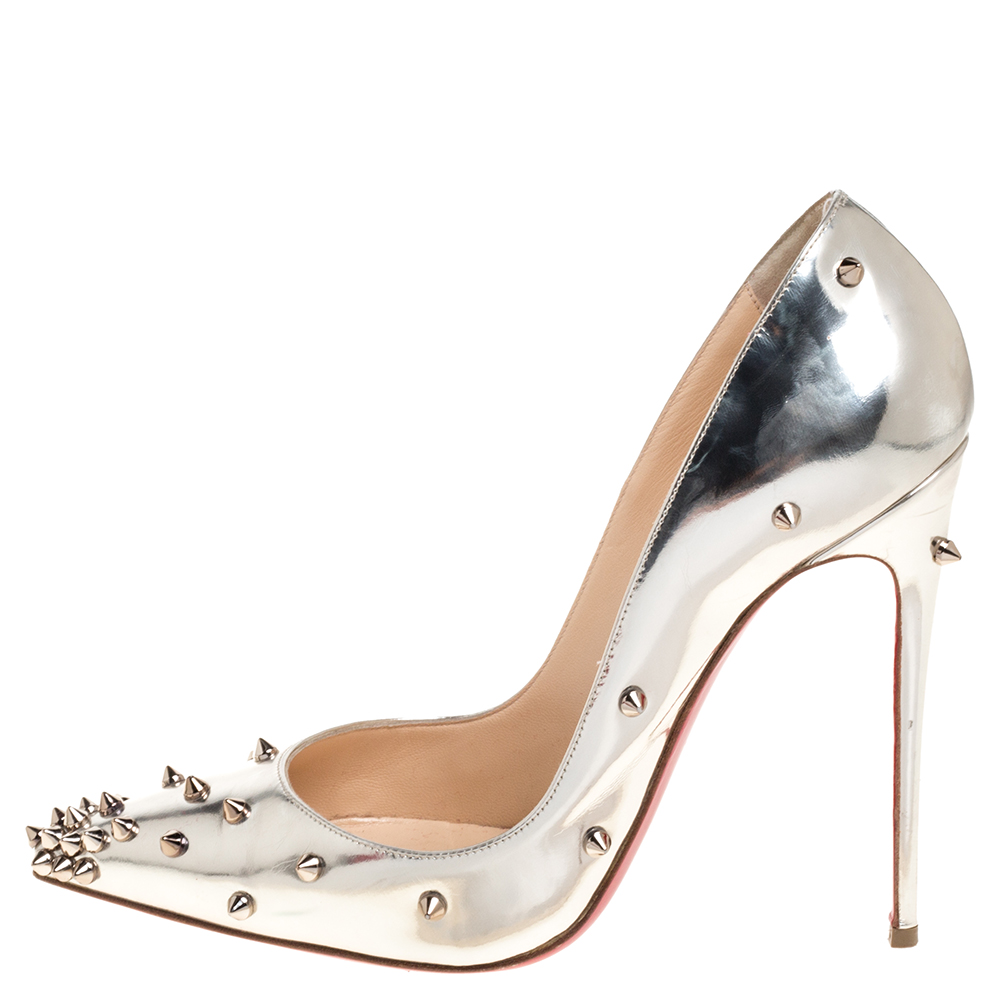 

Christian Louboutin Silver Foil Leather Spiked Pointed Toe Pumps Size