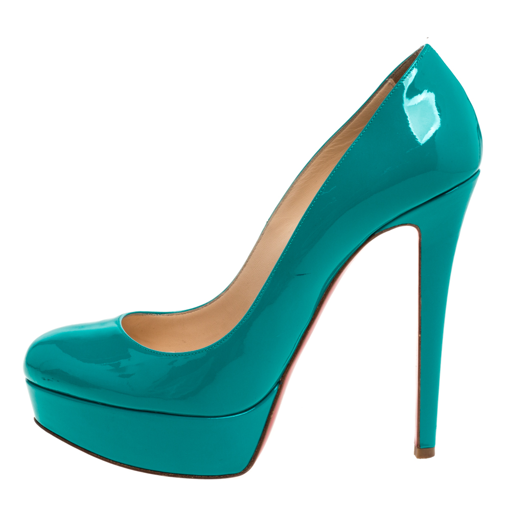 

Christian Louboutin Teal Green Patent Leather New Simple Platform Pumps Size