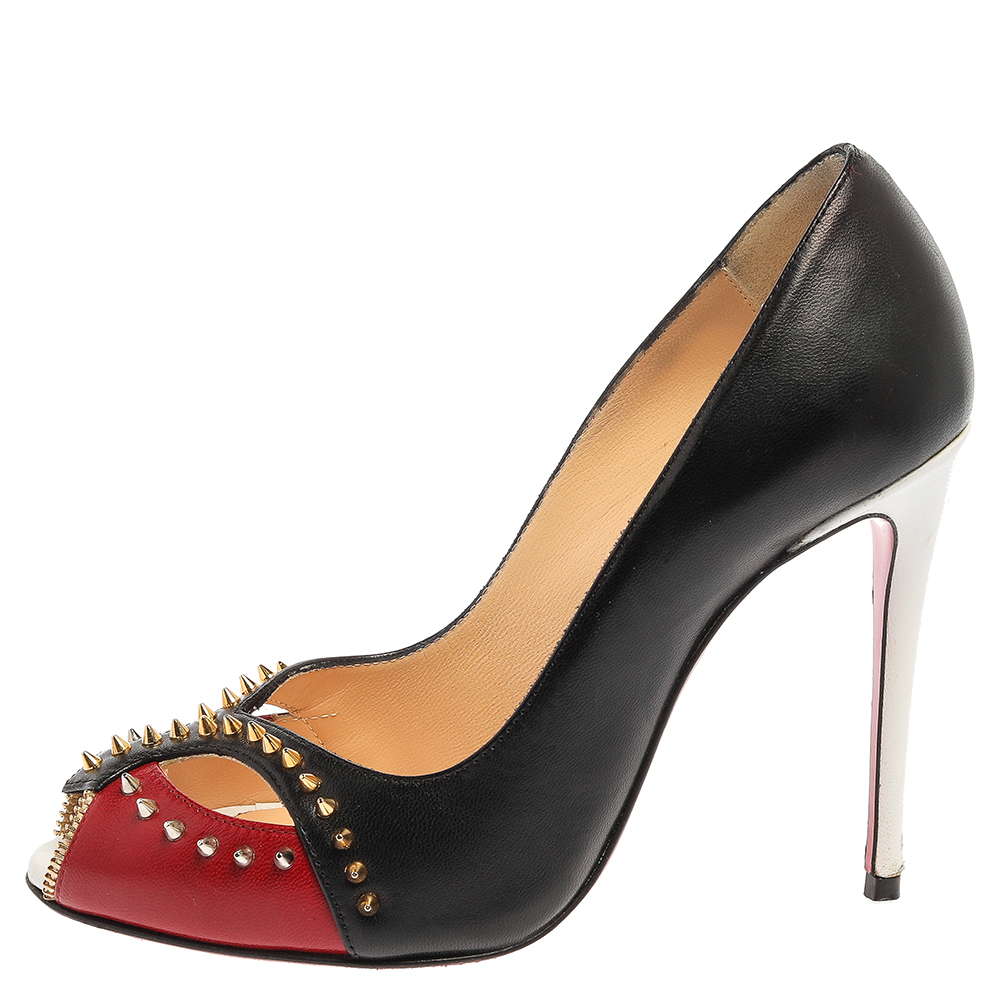 

Christian Louboutin Black/Red Leather Peep Toe Studded Pumps Size