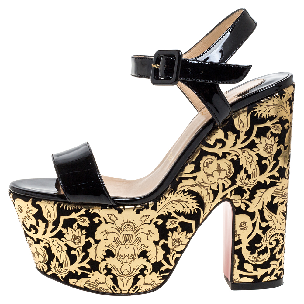 

Christian Louboutin Black/Gold Patent Leather Bella Tige Floral Platform Ankle Strap Sandals Size