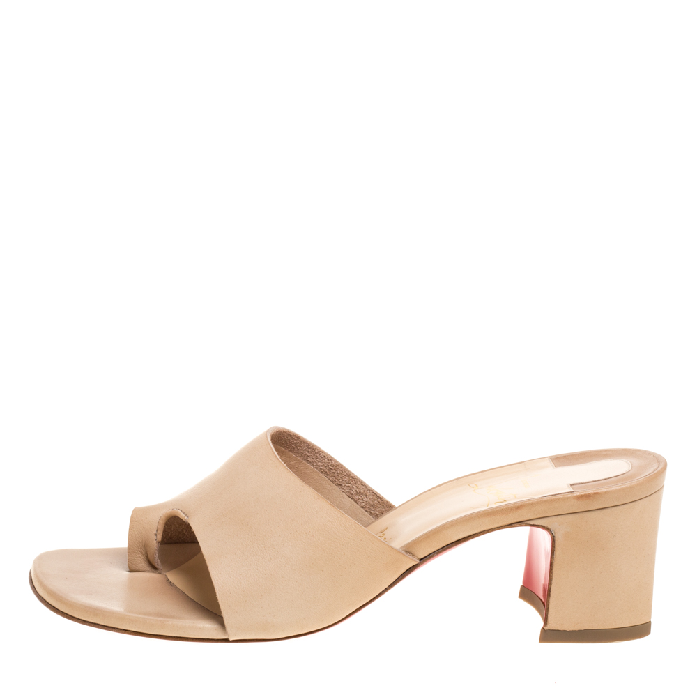 

Christian Louboutin Beige Leather Block Heel Slide Sandals Size