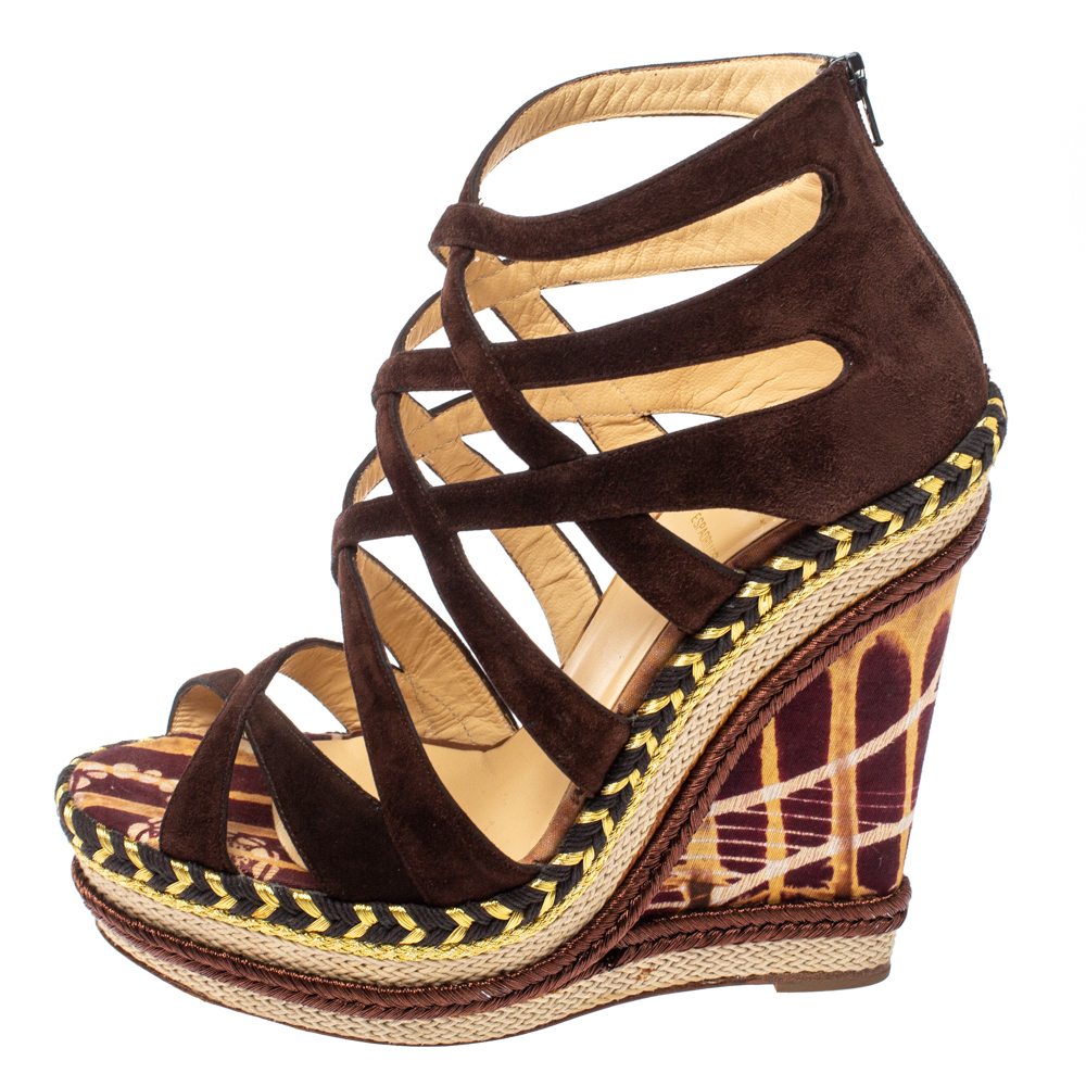 

Christian Louboutin Brown Suede Caged Espadrille Tosca Wedge Platform Sandals Size