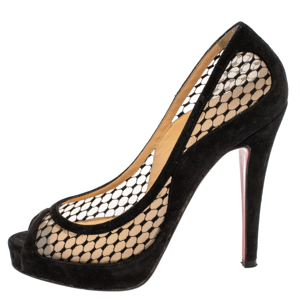 

Christian Louboutin Black Mesh and Suede Camilla Platform Pumps Size