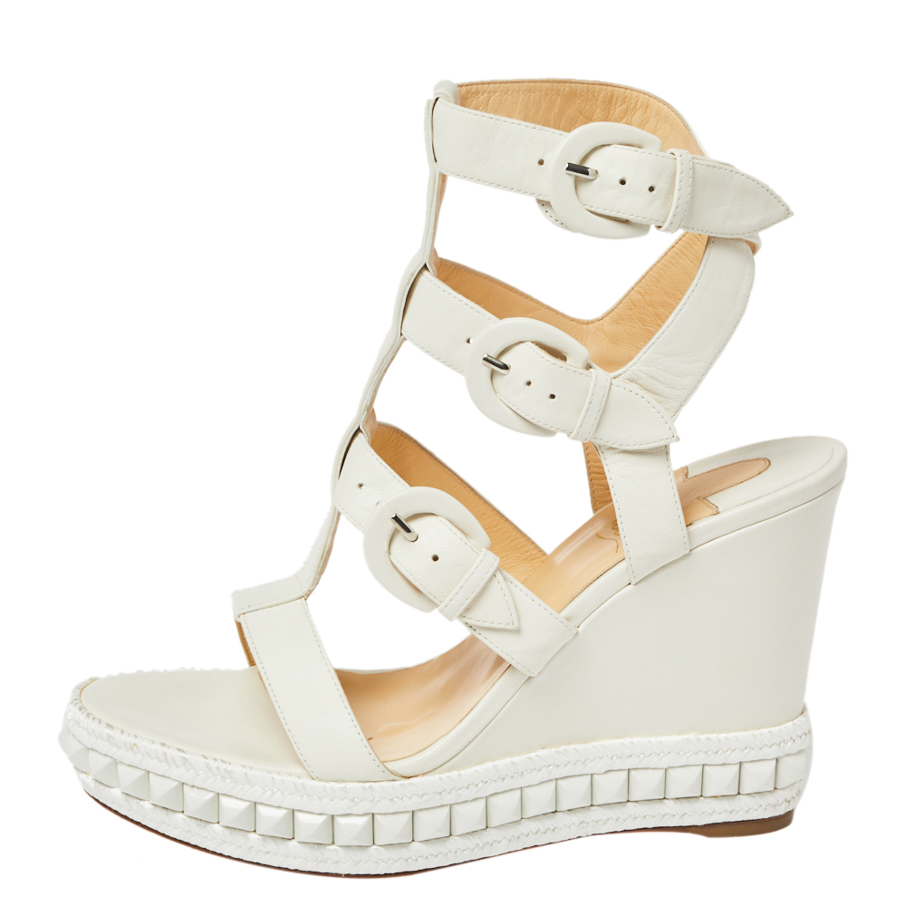 

Christian Louboutin White Leather Rock N Buckle Wedge Platform Espadrilles Sandals Size