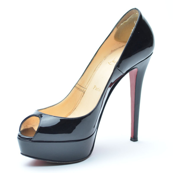مملوكة مسبقًا Christian Louboutin Black Patent 'Lady Peep' Platform Pumps Size 37