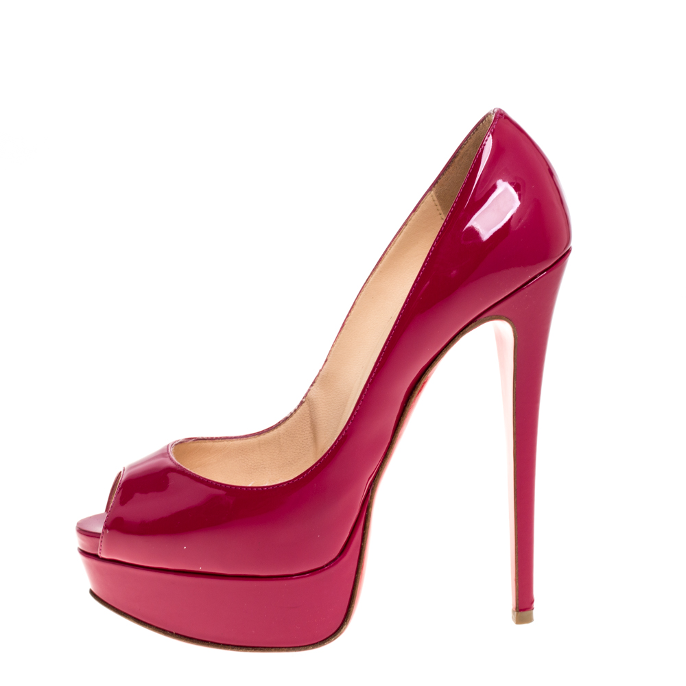 

Christian Louboutin Fuchsia Patent Leather Lady Peep Toe Platform Pumps Size, Pink