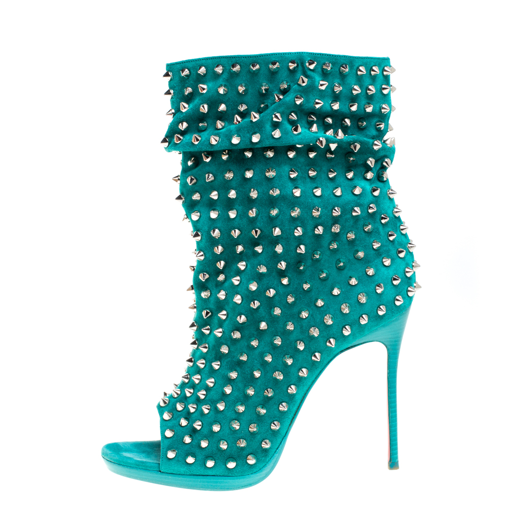 

Christian Louboutin Green Suede Leather Guerilla Spiked Open Toe Ankle Boots Size