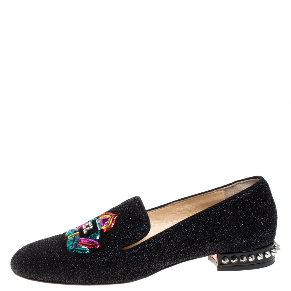 

Christian Louboutin Black Shimmering Fabric Smoking Slippers Size