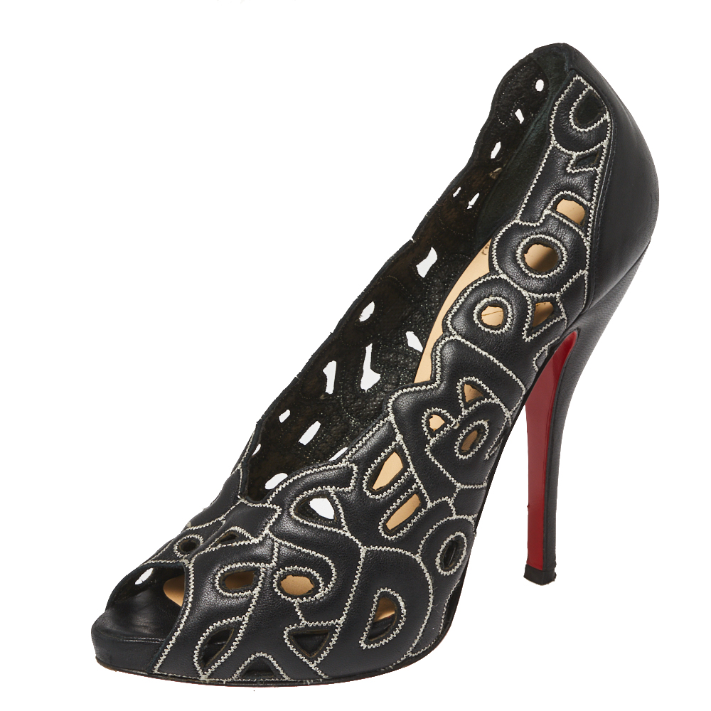 

Christian Louboutin Black Letter Leather Tell Me Cutout Pumps Size