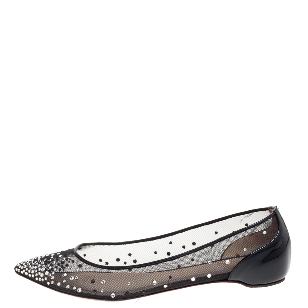 

Christian Louboutin Black Embellished Mesh And Patent Leather Follies Strass Pointed Toe Ballet Flats Size, Beige