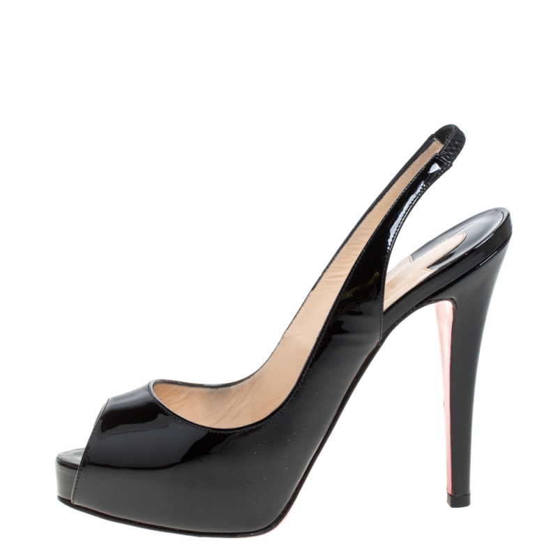 

Christian Louboutin Black Patent Leather Private Number Peep Toe Sling Back Pumps Size