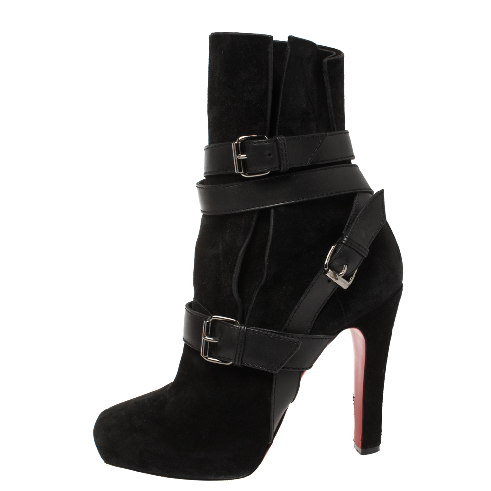 

Christian Louboutin Black Suede Leather Guerriere 120 Buckle Platform Ankle Boots Size