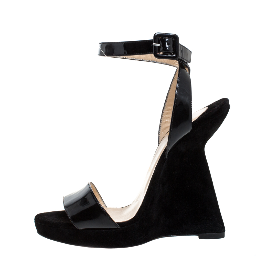 

Christian Louboutin Black Suede And Patent Leather Djaldos Spechio Ankle Strap Wedges Size