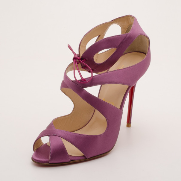 Pre Owned Christian Louboutin Purple Satin 'Marechale' Sandals Size 39.5