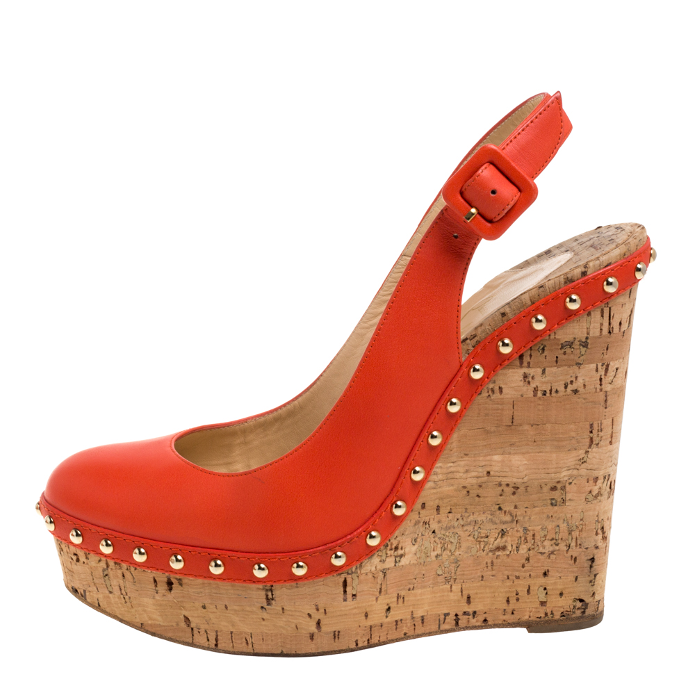 

Christian Louboutin Orange Leather Monico Cork Wedges Sandals Size