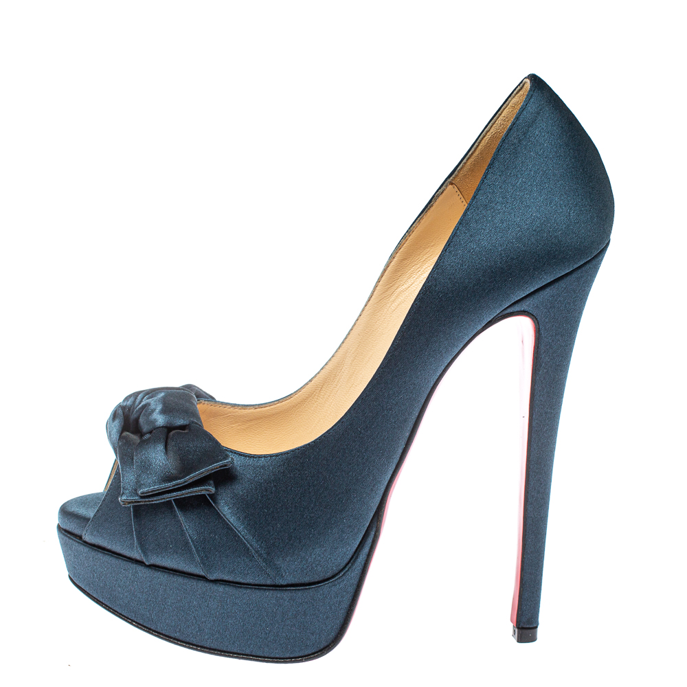 

Christian Louboutin Teal Blue Satin Madame Butterfly Peep Toe Platform Pumps Size