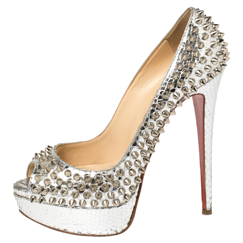 

Christian Louboutin Silver Python Spiked Lady Peep Pumps Size