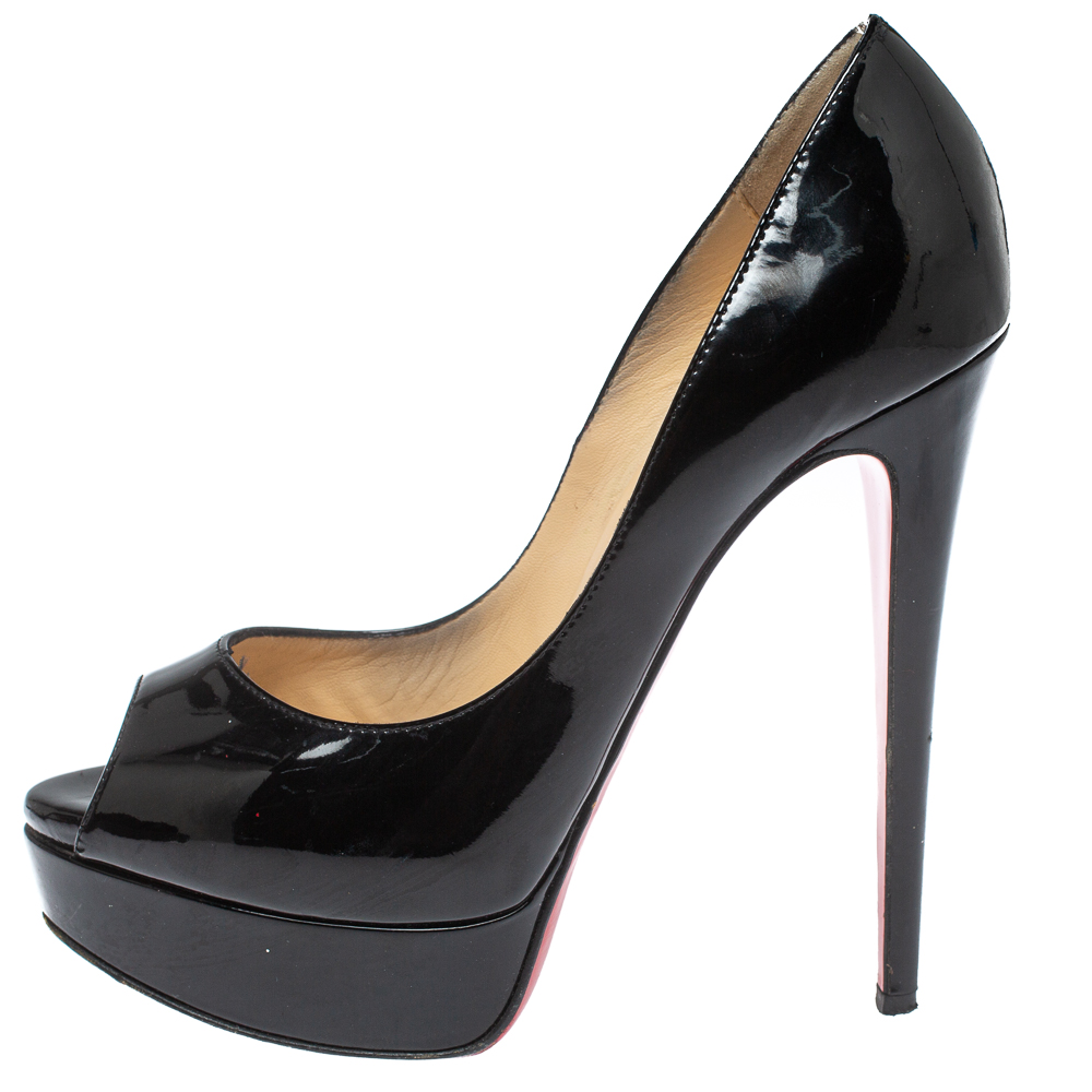 

Christian Louboutin Black Patent Leather Lady Peep Platform Pumps Size