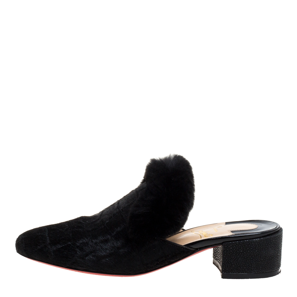 

Christian Louboutin Black Croc Print Calfhair and Fur Boudiva Mules Size