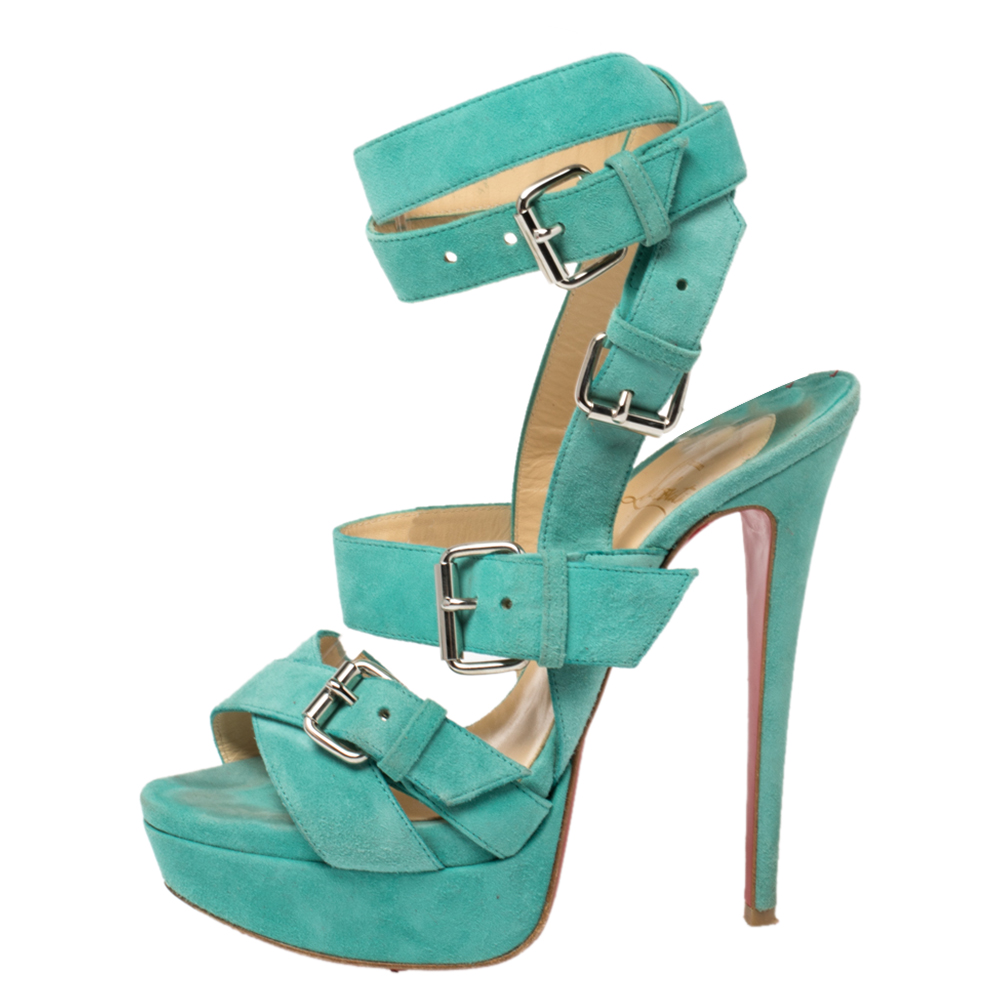 

Christian Louboutin Blue Suede Toutenkaboucle Strappy Buckle Platform Sandals Size