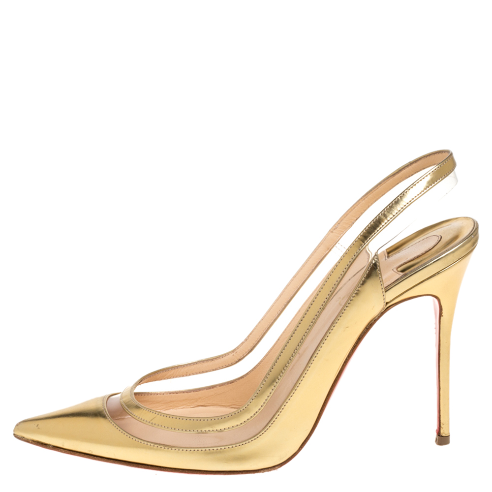 

Christian Louboutin Gold Leather And PVC Paulina Pointed Toe Slingback Sandals Size