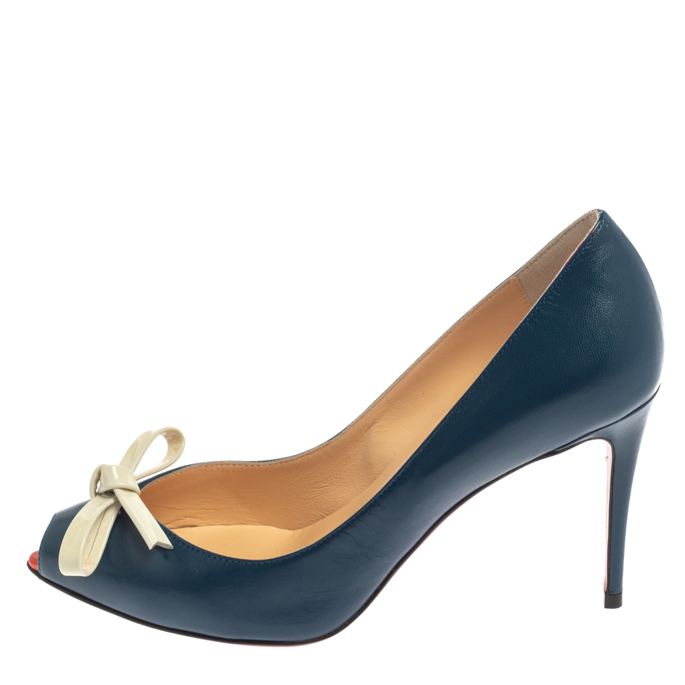 

Christian Louboutin Blue Leather Tibunodo Bow Peep Toe Pumps Size