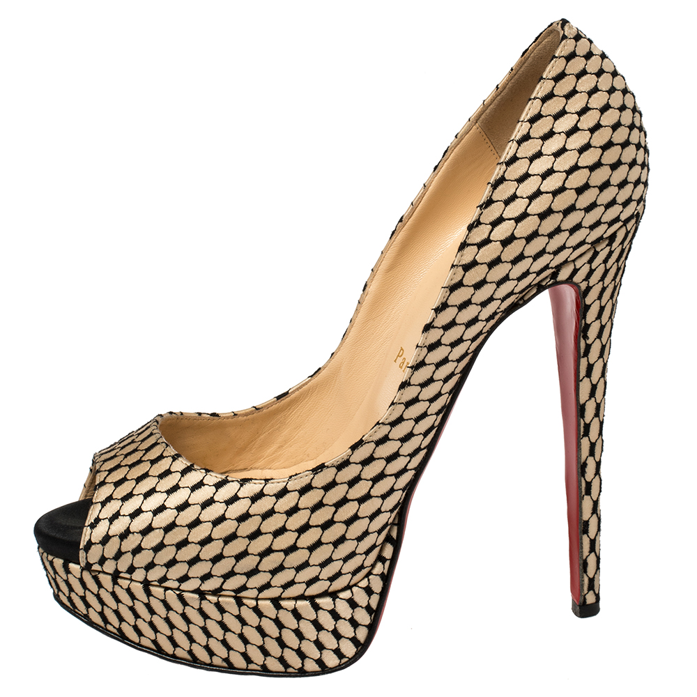 

Christian Louboutin Beige/Black Satin Lady Peep Toe Platform Pumps Size