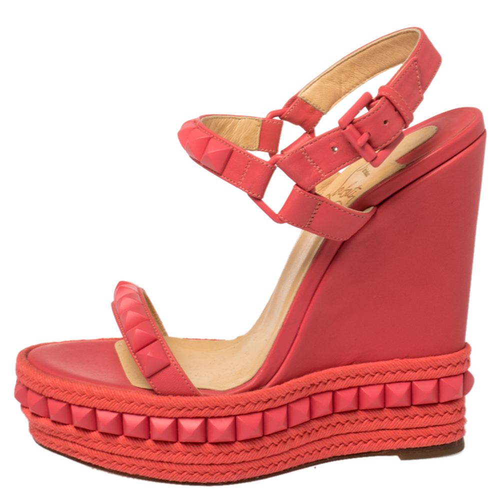 

Christian Louboutin Pink Studded Leather Cataclou Espadrille Wedge Sandals Size