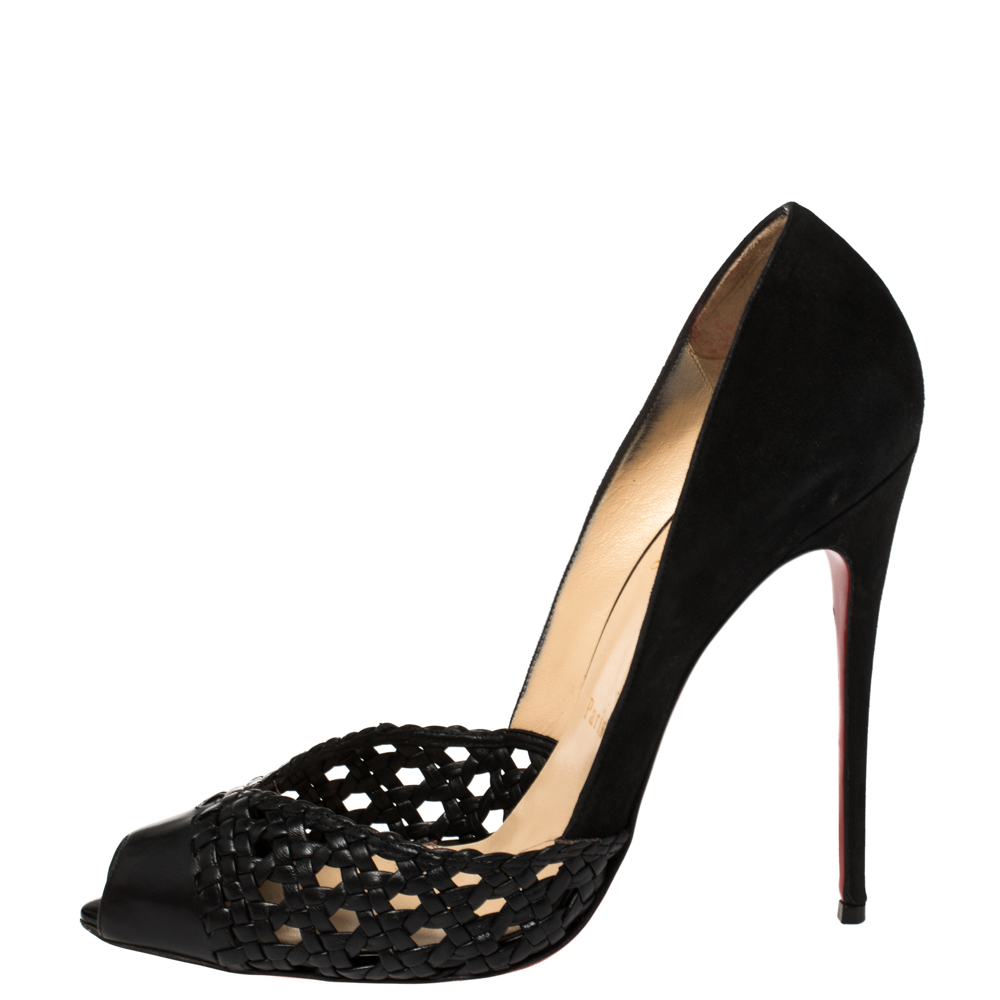 

Christian Louboutin Black Suede And Braided Leather Peep Toe Pumps Size