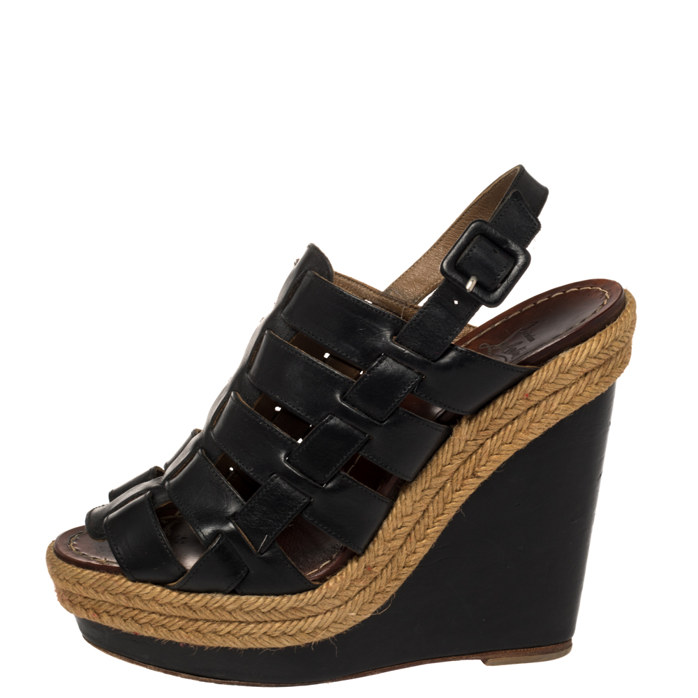 

Christian Louboutin Black Leather Caged Espadrille Wedge Sandals Size