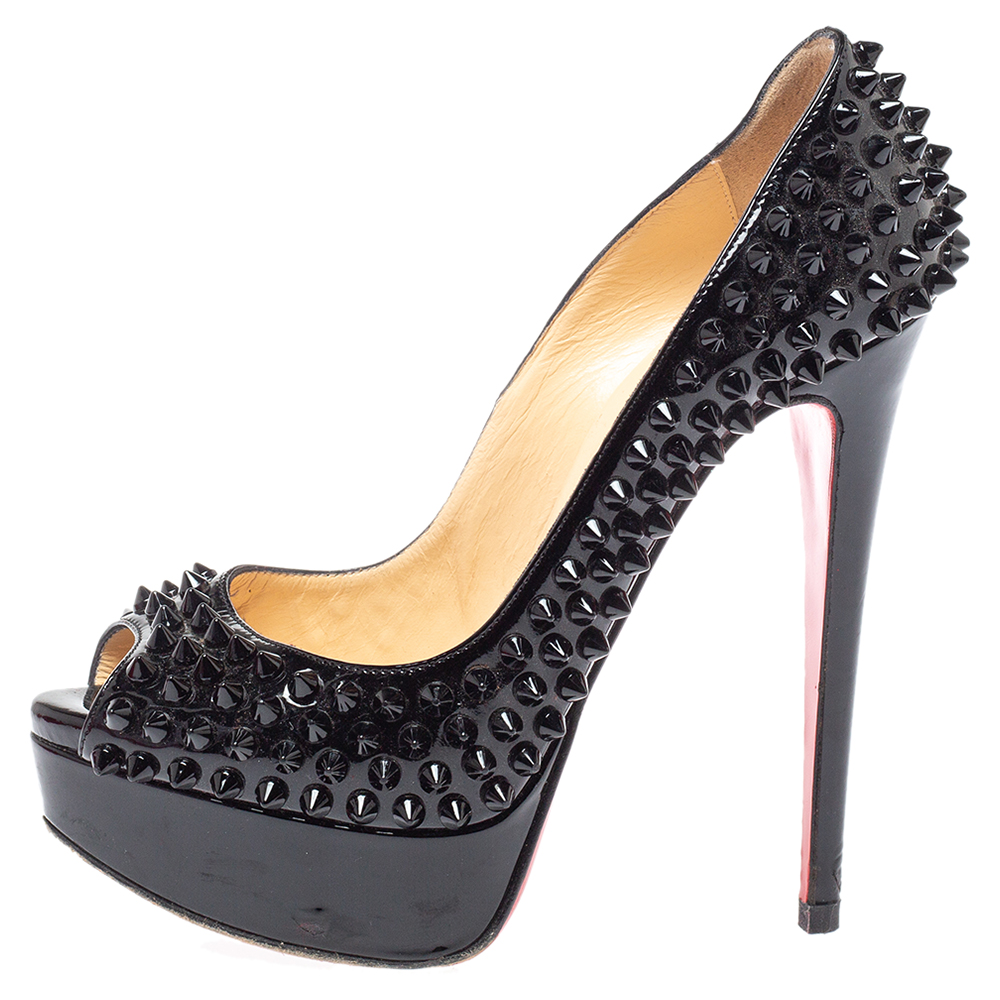 

Christian Louboutin Black Patent Leather Lady Peep Toe Spike Platform Pumps Size