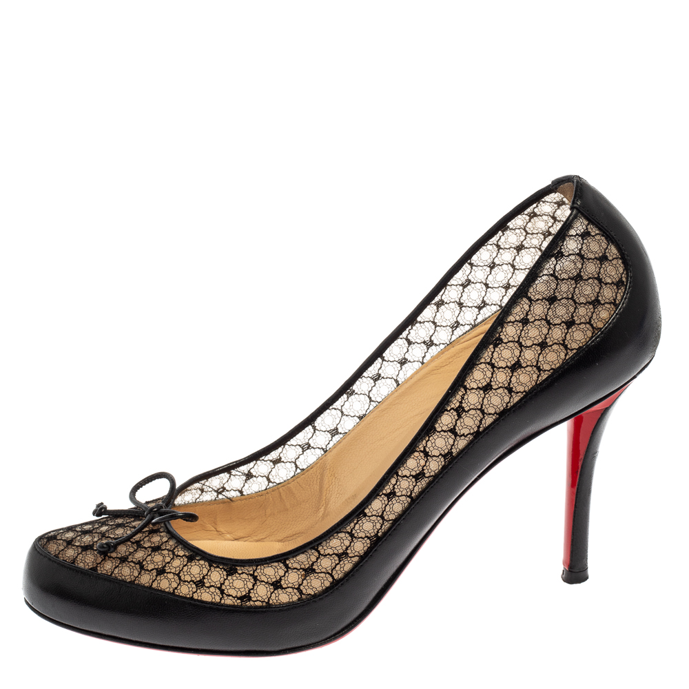 

Christian Louboutin Black Leather And Lace Bow Pumps Size