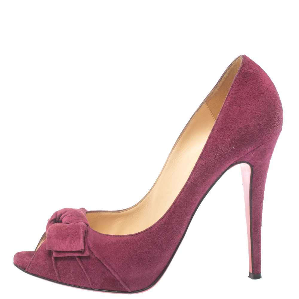 

Christian Louboutin Purple Suede Leather Bow Peep Toe Pumps Size