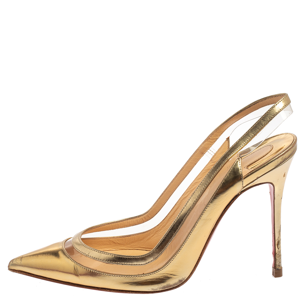 

Christian Louboutin Metallic Gold Patent Leather and PVC Paulina Slingback Pointed Toe Pumps Size