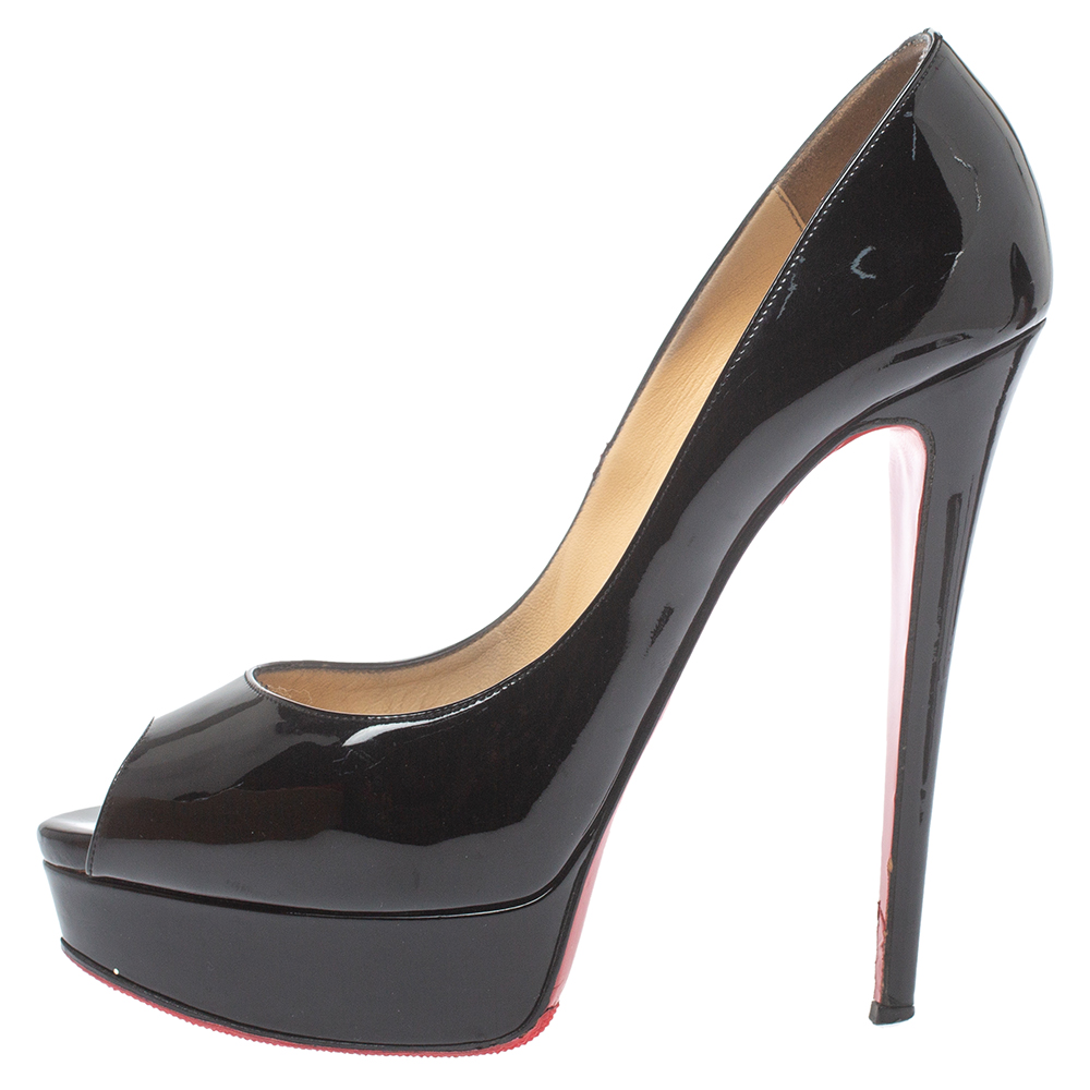 

Christian Louboutin Black Patent Leather Lady Peep Toe Platform Pumps Size