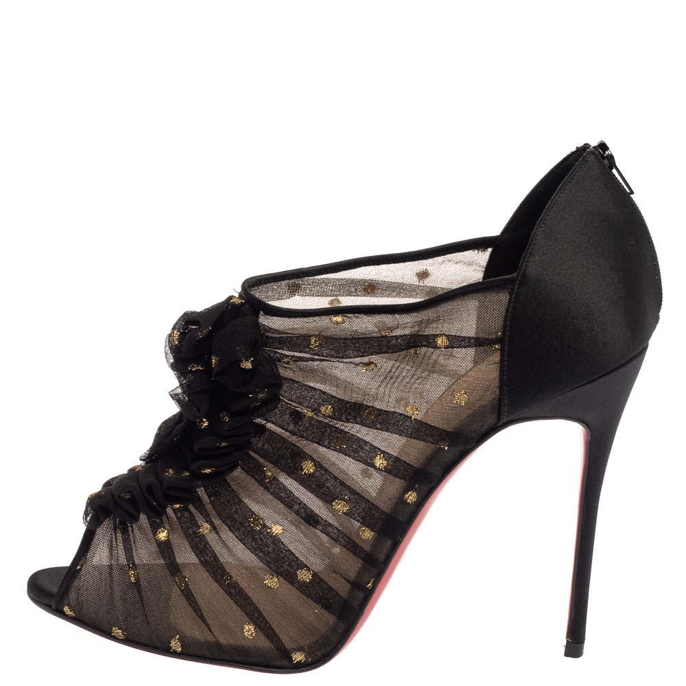 

Christian Louboutin Black Lace And Satin Ruffled Peep Toe Ankle Boots Size