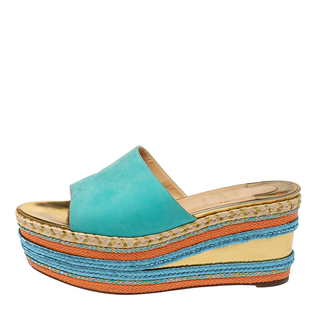 

Christian Louboutin Multicolor Leather And Woven Espadrille Platform Slides Size, Blue