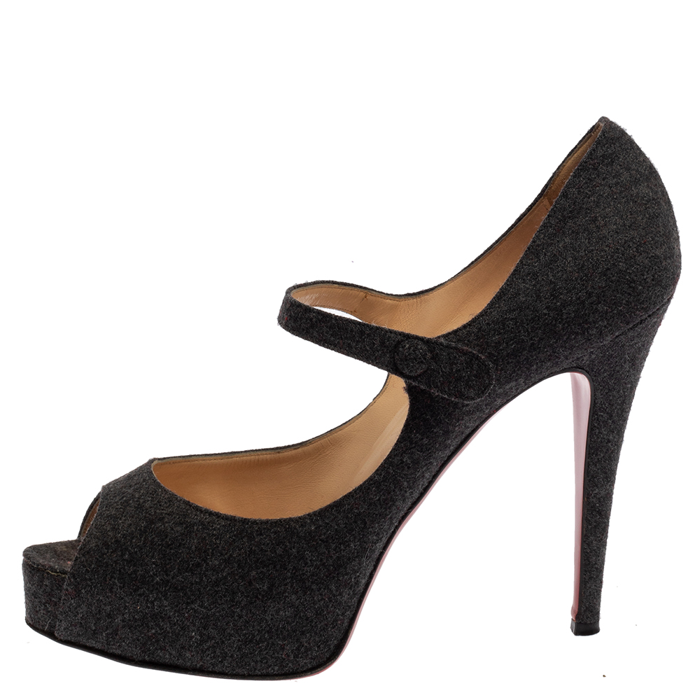 

Christian Louboutin Grey Wool Mary Jane Peep-Toe Pumps Size