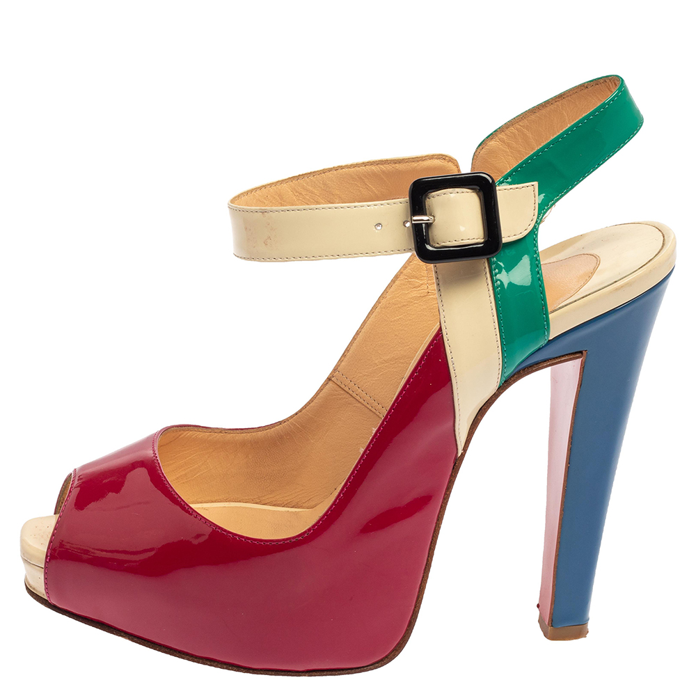 

Christian Louboutin Multicolor Patent Leather Peep Toe Platform Slingback Sandals Size