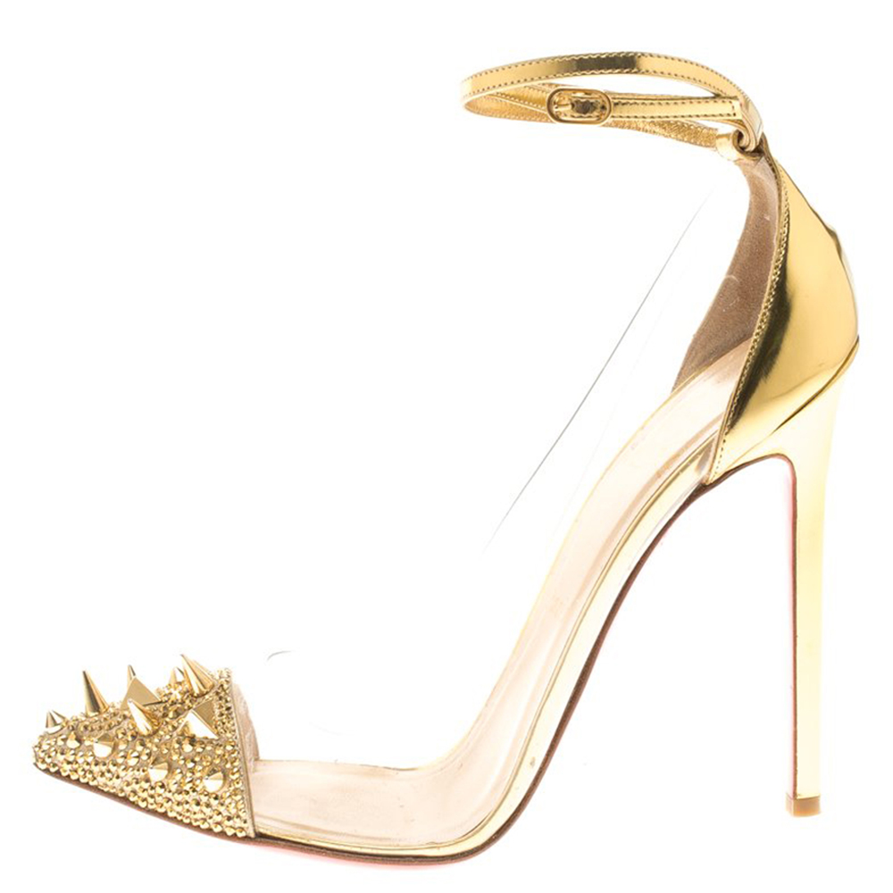 

Christian Louboutin Gold Leather and PVC Spike Embellished Ankle Wrap Pumps Size