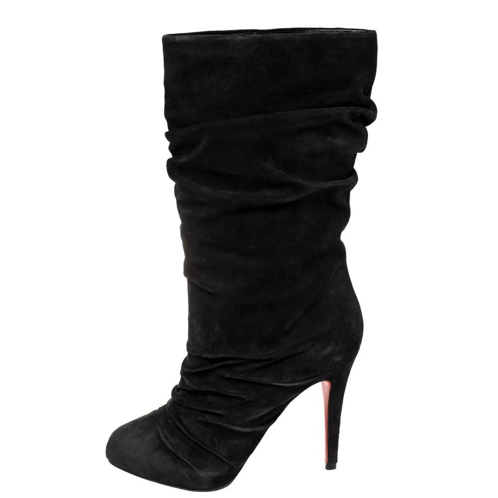 

Christian Louboutin Black Pleated Suede Prios Mid Calf Boots Size