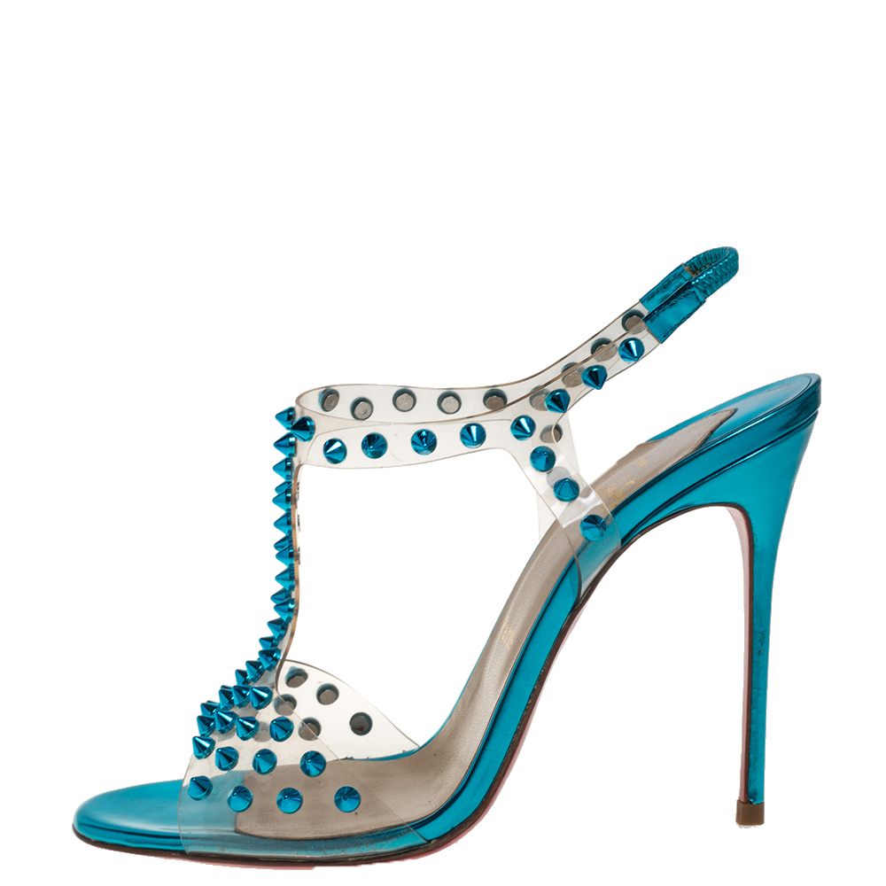 

Christian Louboutin Blue Turquoise Spiked PVC J-Lissimo T Strap Sandals Size