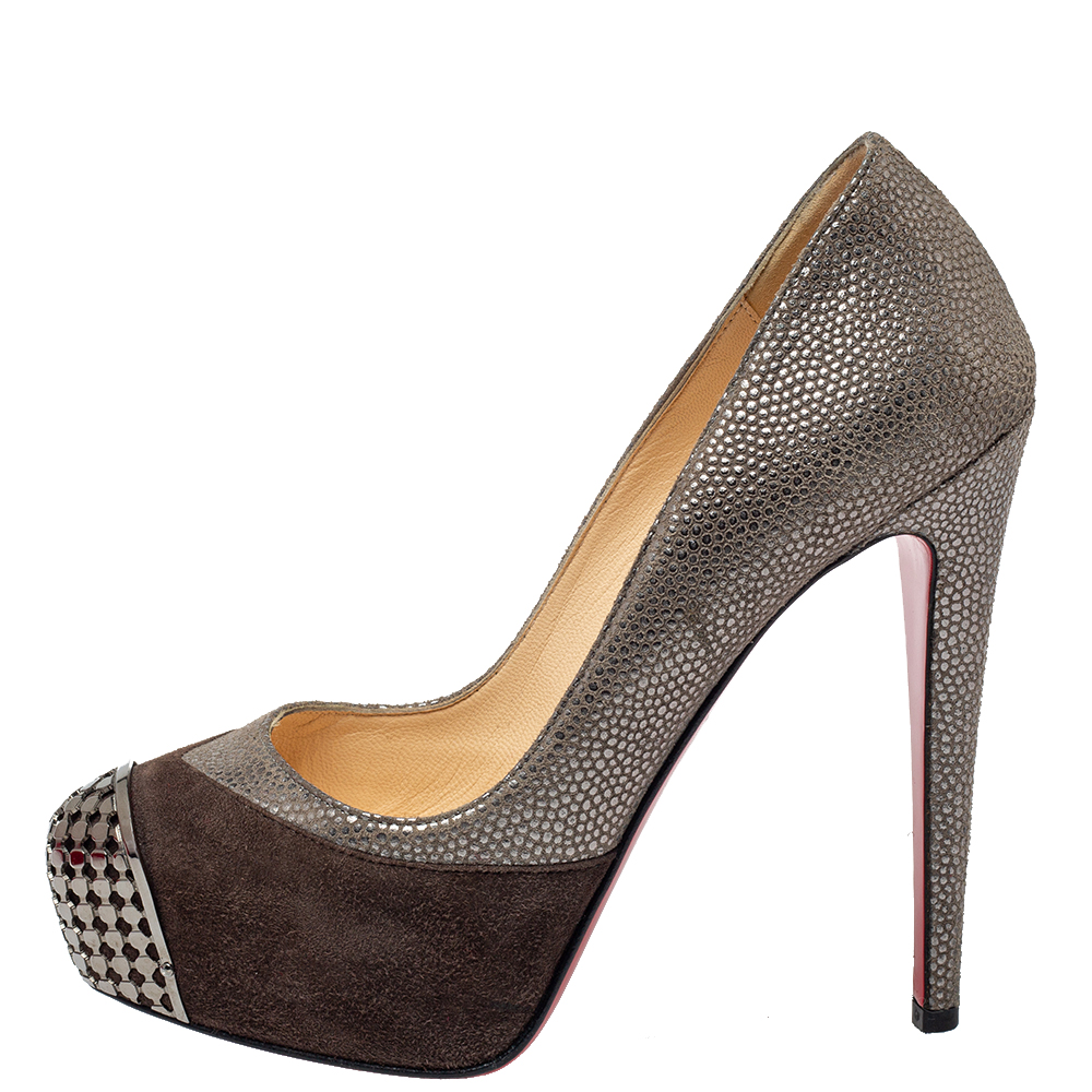 

Christian Louboutin Two Tone Textured Suede Maggie Embellished Cap Toe Platform Pumps Size, Brown